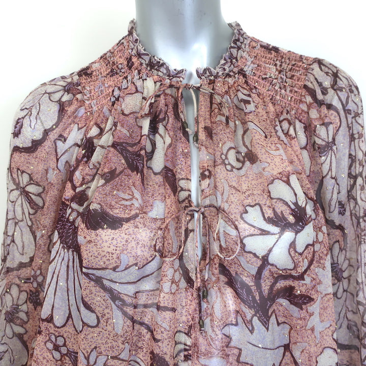 Ulla Johnson Anita Blouse Pink Metallic Floral Print Chiffon Size 8 Tie-Neck Top