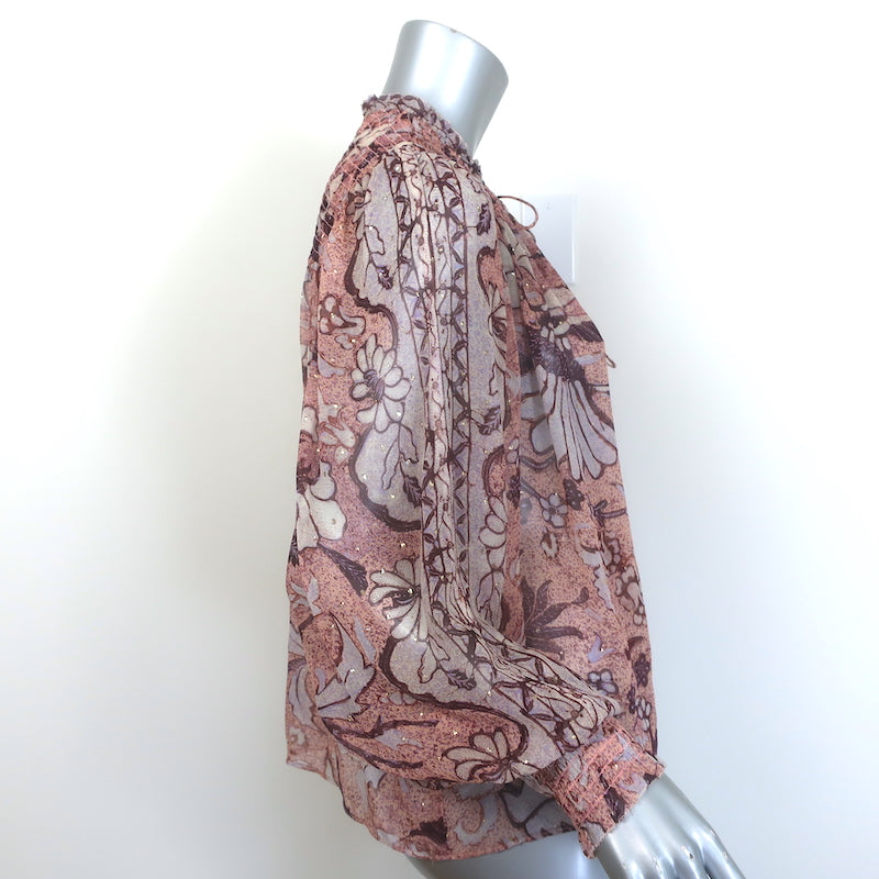 Ulla Johnson Anita Blouse Pink Metallic Floral Print Chiffon Size 8 Tie-Neck Top