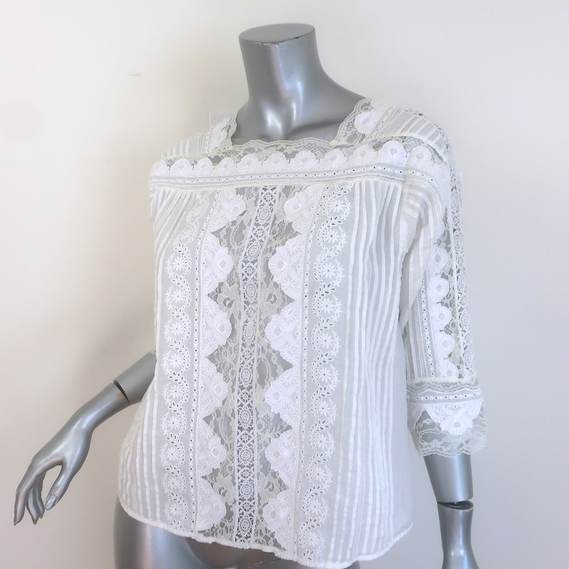 Vanessa Bruno Embroidered Lace-Trimmed Blouse White Pintucked Ramie Size 42