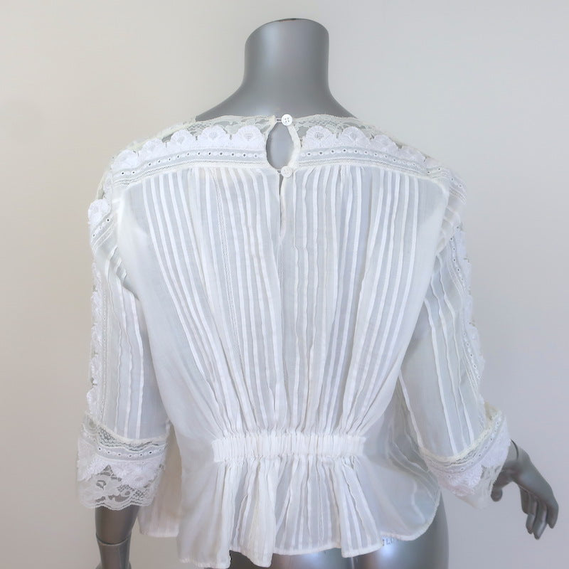 Vanessa Bruno Embroidered Lace-Trimmed Blouse White Pintucked Ramie Size 42