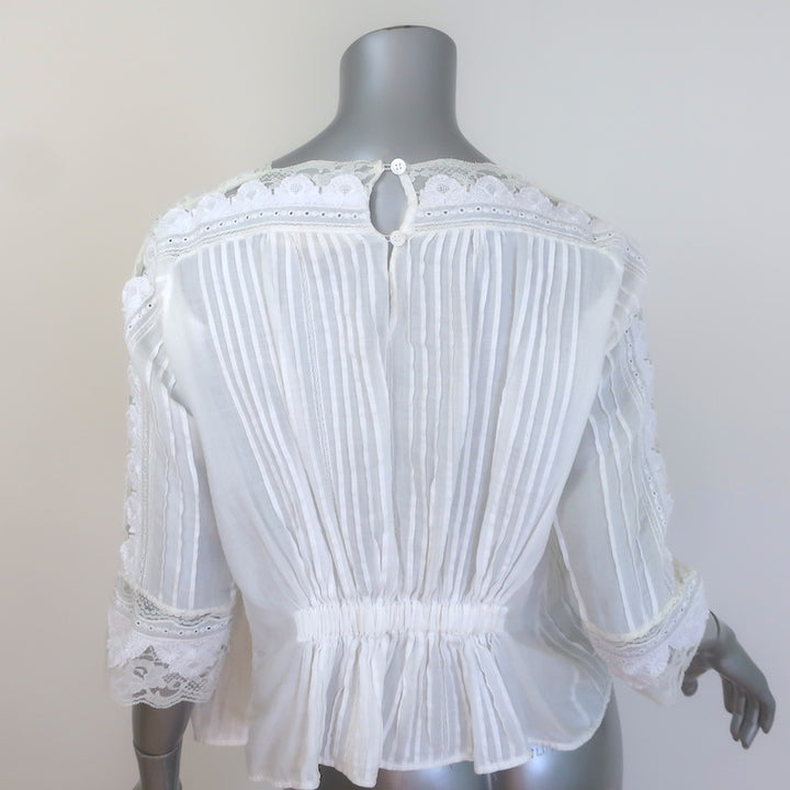 Vanessa Bruno Embroidered Lace-Trimmed Blouse White Pintucked Ramie Size 42