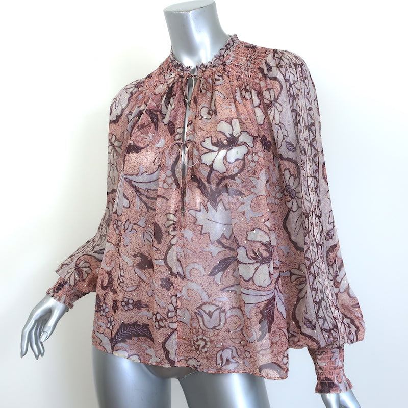 Ulla Johnson Anita Blouse Pink Metallic Floral Print Chiffon Size 8 Tie-Neck Top