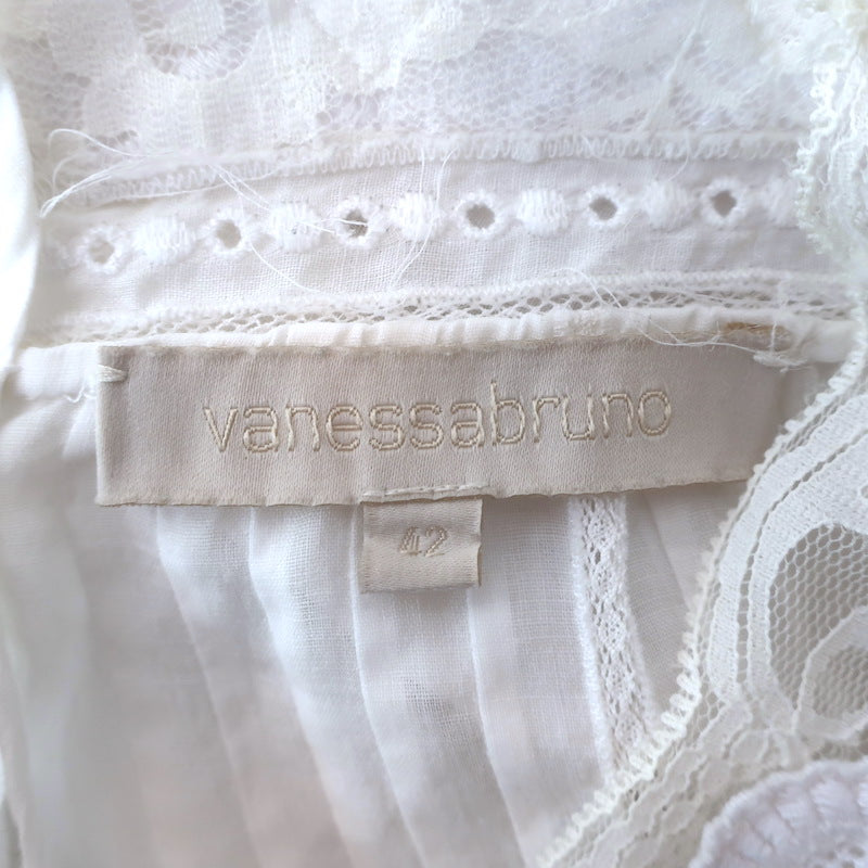 Vanessa Bruno Embroidered Lace-Trimmed Blouse White Pintucked Ramie Size 42