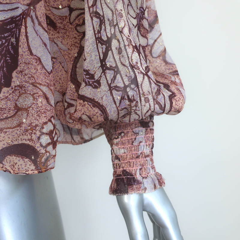 Ulla Johnson Anita Blouse Pink Metallic Floral Print Chiffon Size 8 Tie-Neck Top