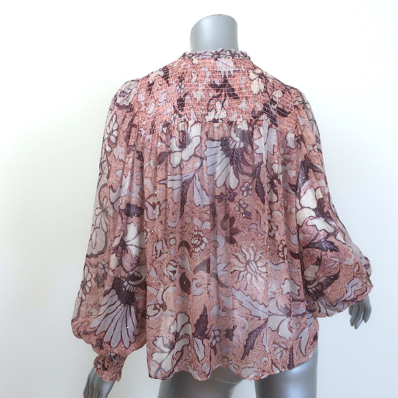 Ulla Johnson Anita Blouse Pink Metallic Floral Print Chiffon Size 8 Tie-Neck Top