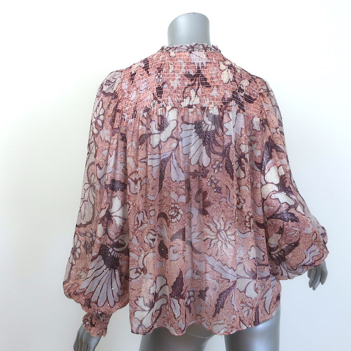 Ulla Johnson Anita Blouse Pink Metallic Floral Print Chiffon Size 8 Tie-Neck Top