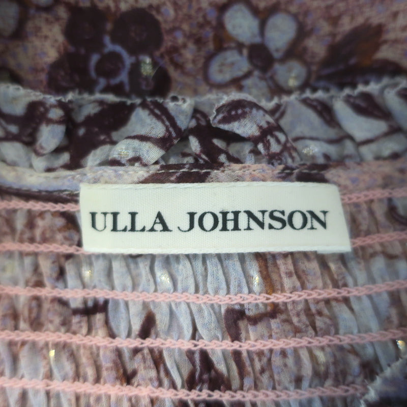 Ulla Johnson Anita Blouse Pink Metallic Floral Print Chiffon Size 8 Tie-Neck Top
