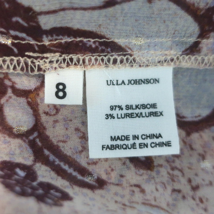 Ulla Johnson Anita Blouse Pink Metallic Floral Print Chiffon Size 8 Tie-Neck Top