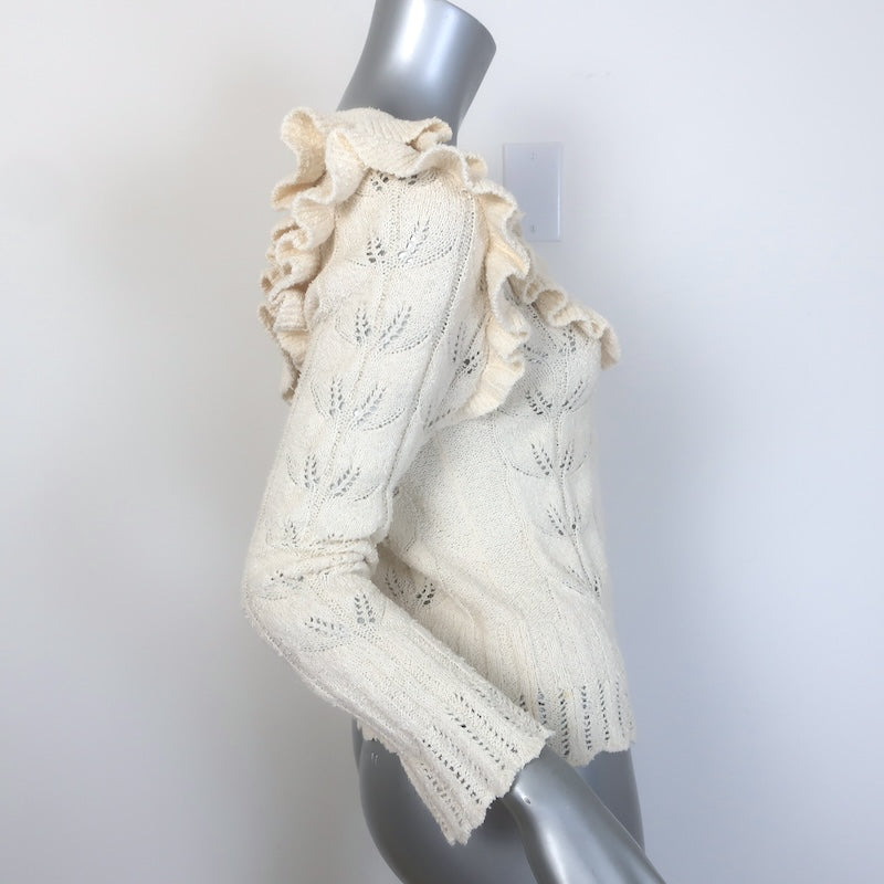 LoveShackFancy Warren Ruffled Boucle Knit Cardigan Ivory Cotton Size Small