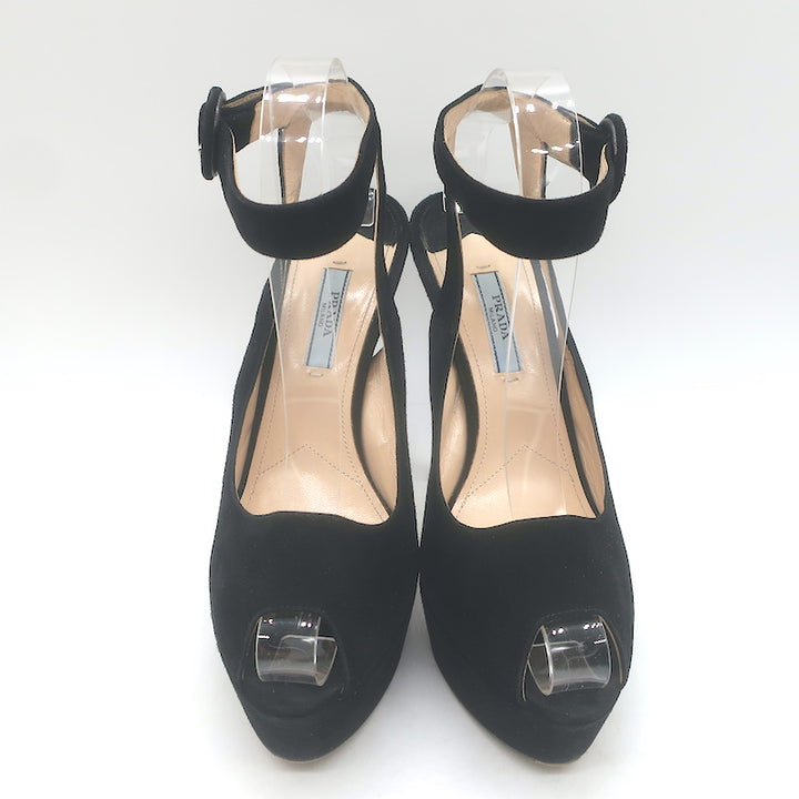 Prada Platform Peep Toe Ankle Strap Sandals Black Suede Size 38