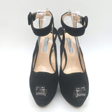 Prada Platform Peep Toe Ankle Strap Sandals Black Suede Size 38
