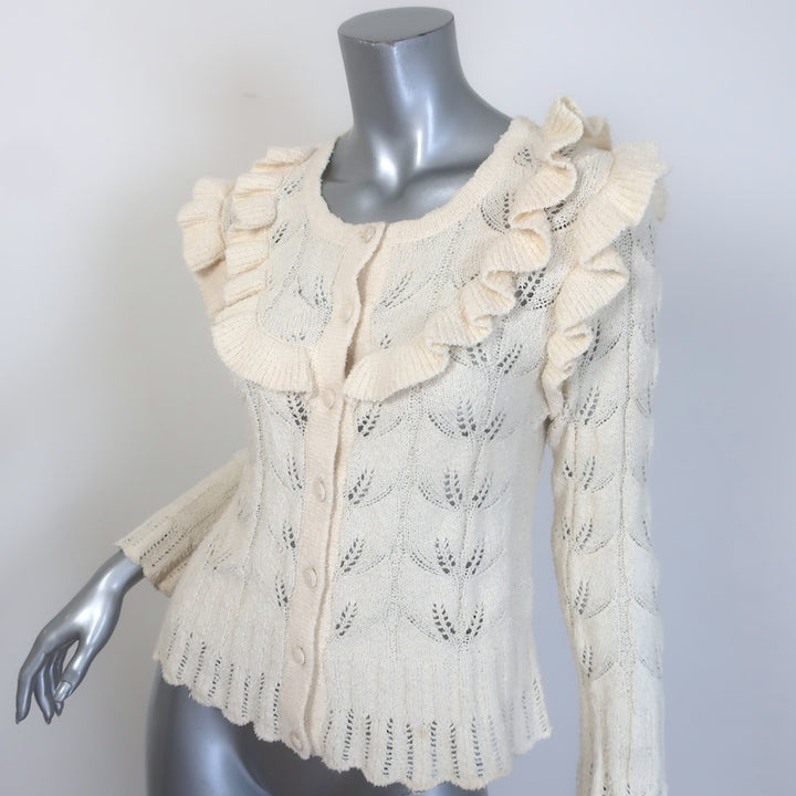 LoveShackFancy Warren Ruffled Boucle Knit Cardigan Ivory Cotton Size Small