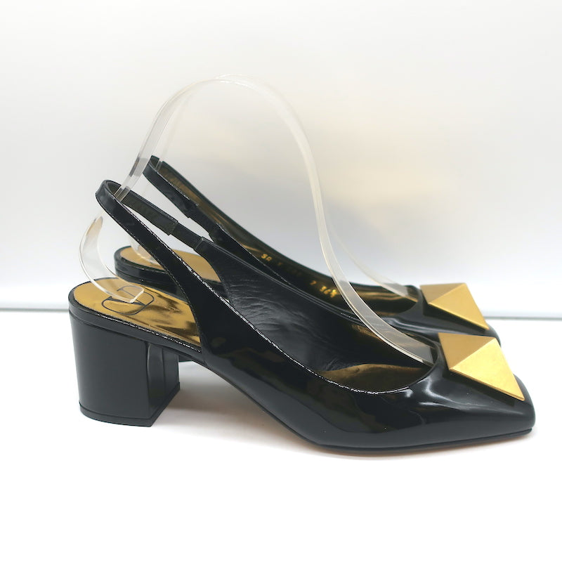 Valentino One Stud Slingback Pumps Black Patent Leather Size 36.5 NEW