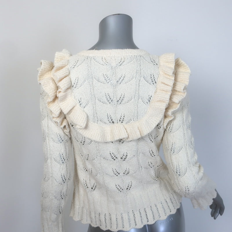 LoveShackFancy Warren Ruffled Boucle Knit Cardigan Ivory Cotton Size Small