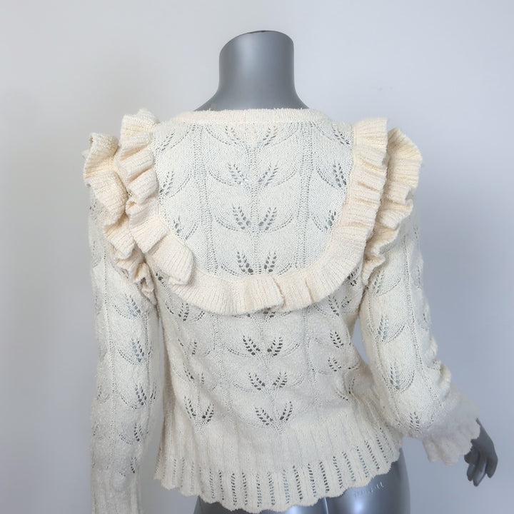 LoveShackFancy Warren Ruffled Boucle Knit Cardigan Ivory Cotton Size Small
