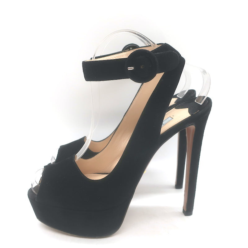 Prada Platform Peep Toe Ankle Strap Sandals Black Suede Size 38