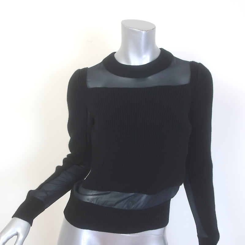 Rag &amp; Bone Chiffon-Paneled Crewneck Sweater Black Merino Wool Size Extra Small