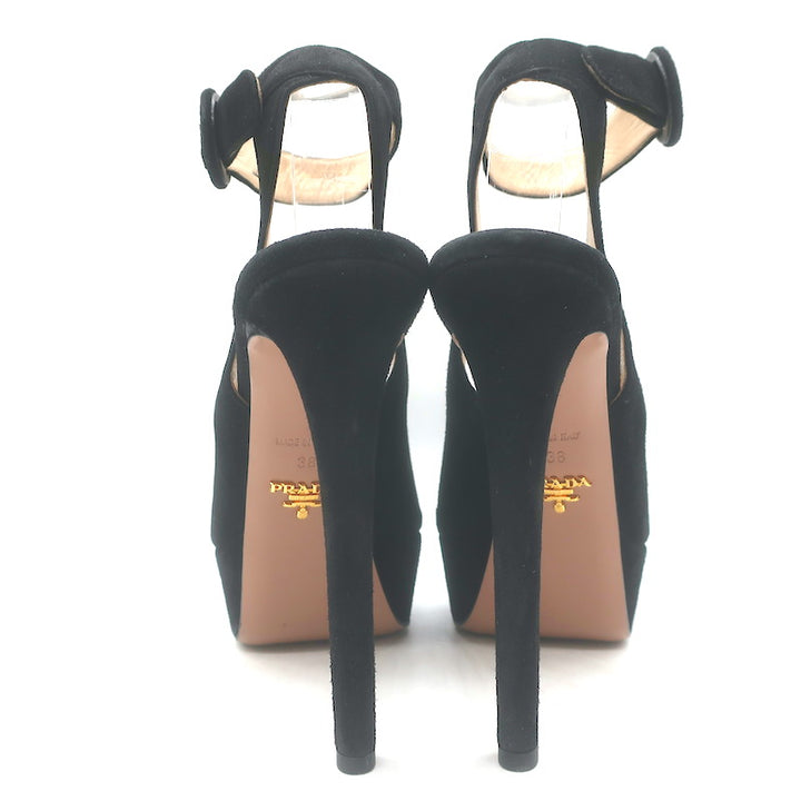 Prada Platform Peep Toe Ankle Strap Sandals Black Suede Size 38
