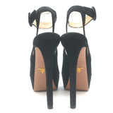 Prada Platform Peep Toe Ankle Strap Sandals Black Suede Size 38