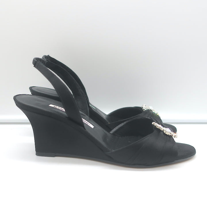 Manolo Blahnik Crystal-Buckle Wedge Sandals Black Satin Size 38 Slingback Heels