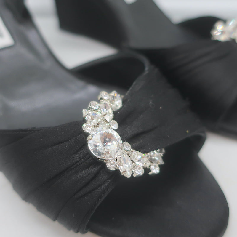 Manolo Blahnik Crystal-Buckle Wedge Sandals Black Satin Size 38 Slingback Heels