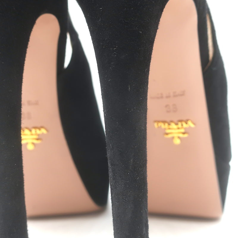 Prada Platform Peep Toe Ankle Strap Sandals Black Suede Size 38