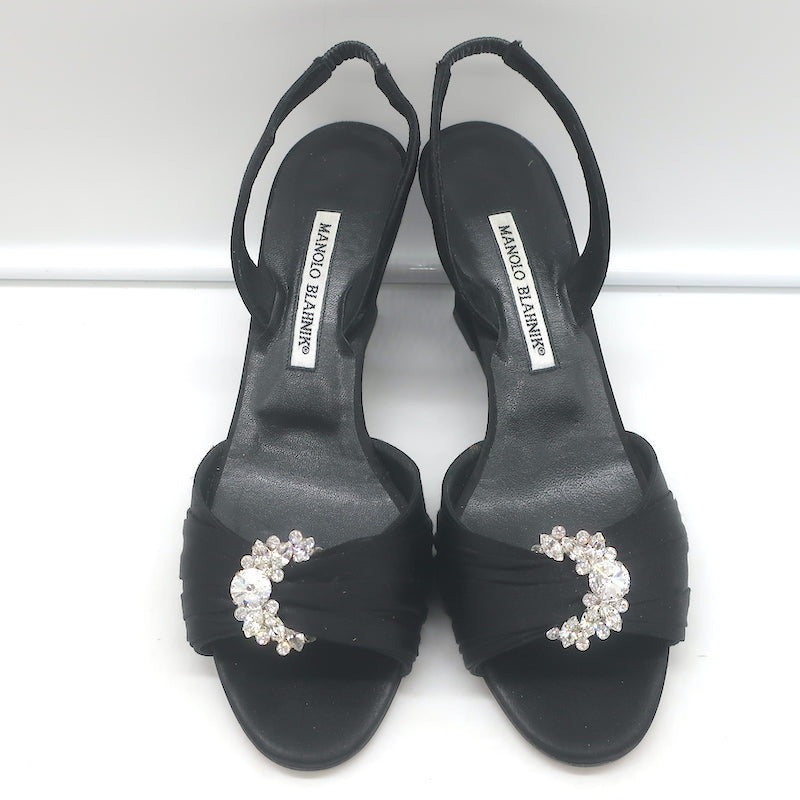 Manolo Blahnik Crystal-Buckle Wedge Sandals Black Satin Size 38 Slingback Heels