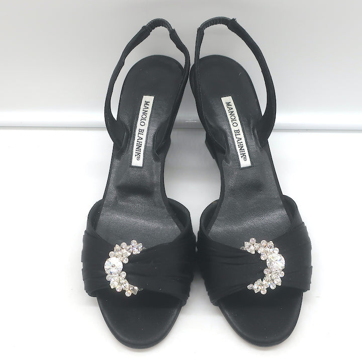 Manolo Blahnik Crystal-Buckle Wedge Sandals Black Satin Size 38 Slingback Heels