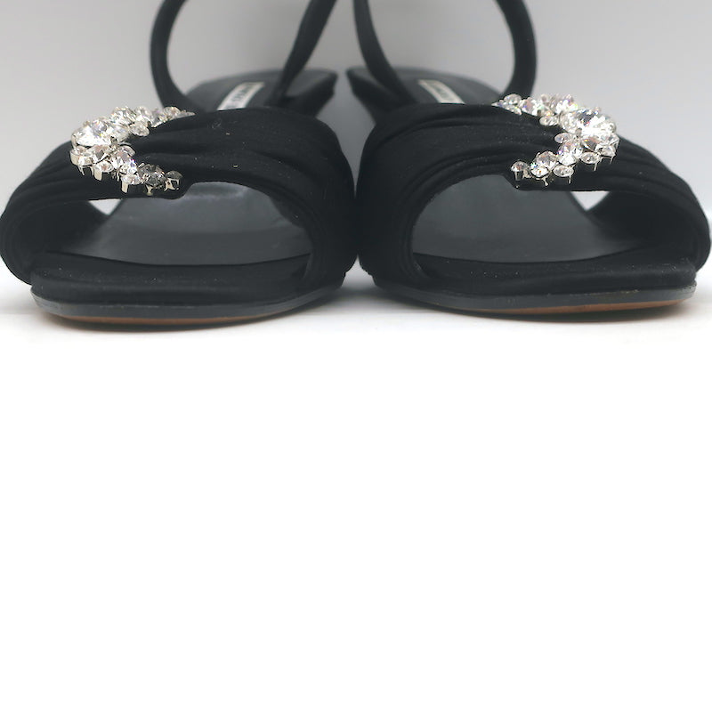 Manolo Blahnik Crystal-Buckle Wedge Sandals Black Satin Size 38 Slingback Heels