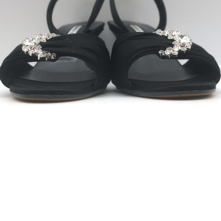 Manolo Blahnik Crystal-Buckle Wedge Sandals Black Satin Size 38 Slingback Heels