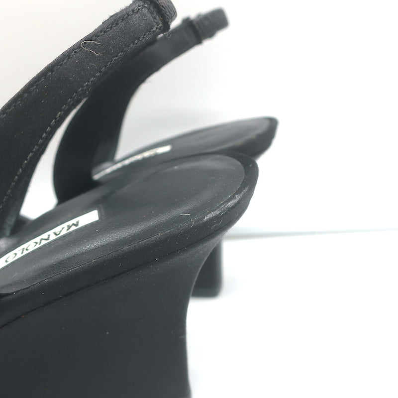 Manolo Blahnik Crystal-Buckle Wedge Sandals Black Satin Size 38 Slingback Heels