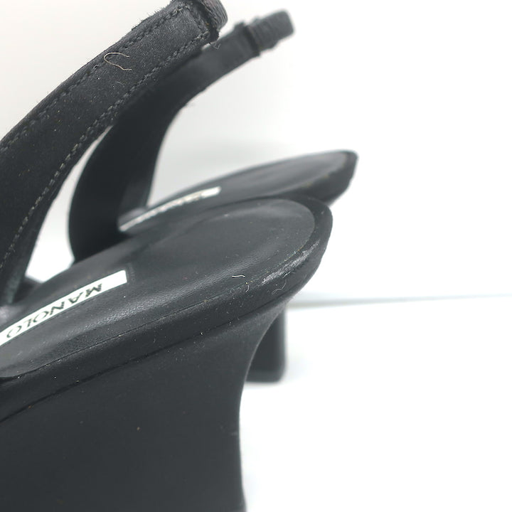 Manolo Blahnik Crystal-Buckle Wedge Sandals Black Satin Size 38 Slingback Heels