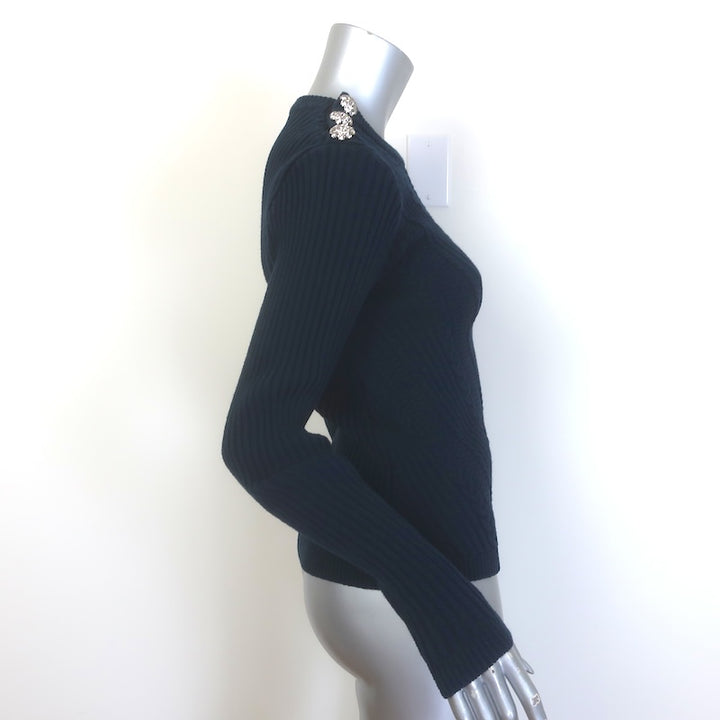 GANNI Crystal-Button Cable Knit Sweater Navy Stretch Cotton Size Small
