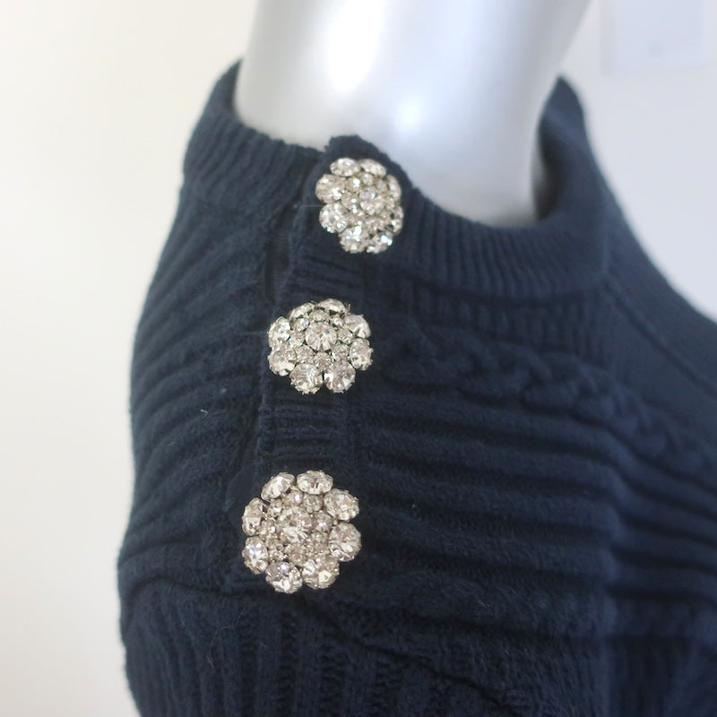 GANNI Crystal-Button Cable Knit Sweater Navy Stretch Cotton Size Small