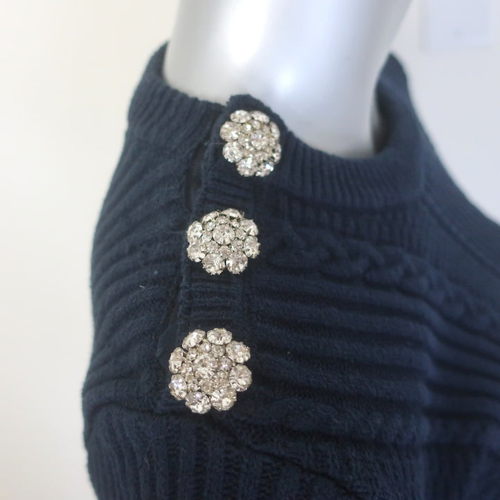 GANNI Crystal-Button Cable Knit Sweater Navy Stretch Cotton Size Small
