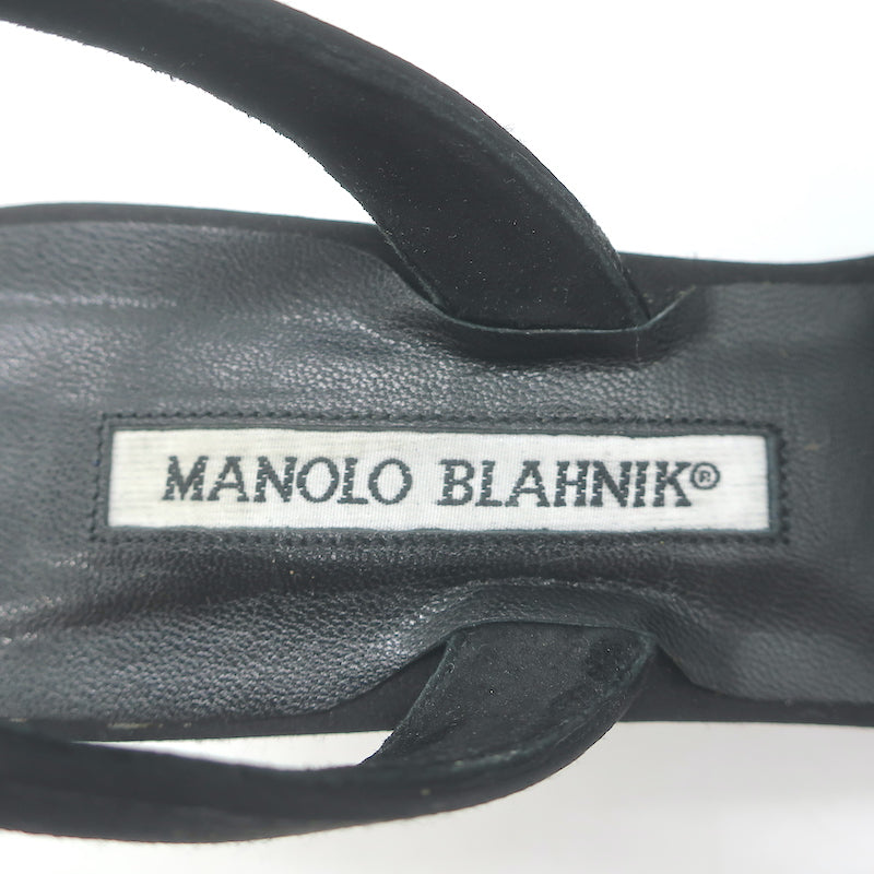 Manolo Blahnik Crystal-Buckle Wedge Sandals Black Satin Size 38 Slingback Heels