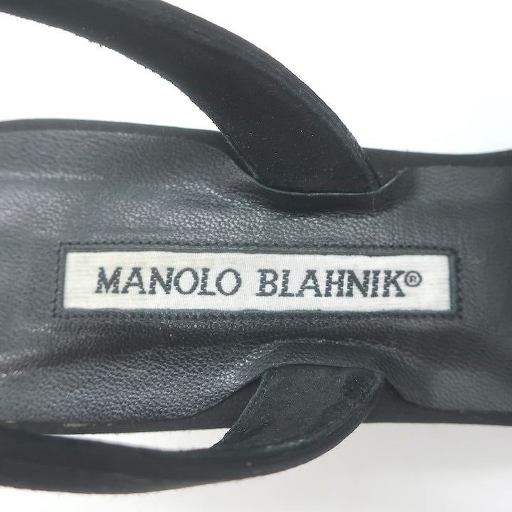 Manolo Blahnik Crystal-Buckle Wedge Sandals Black Satin Size 38 Slingback Heels