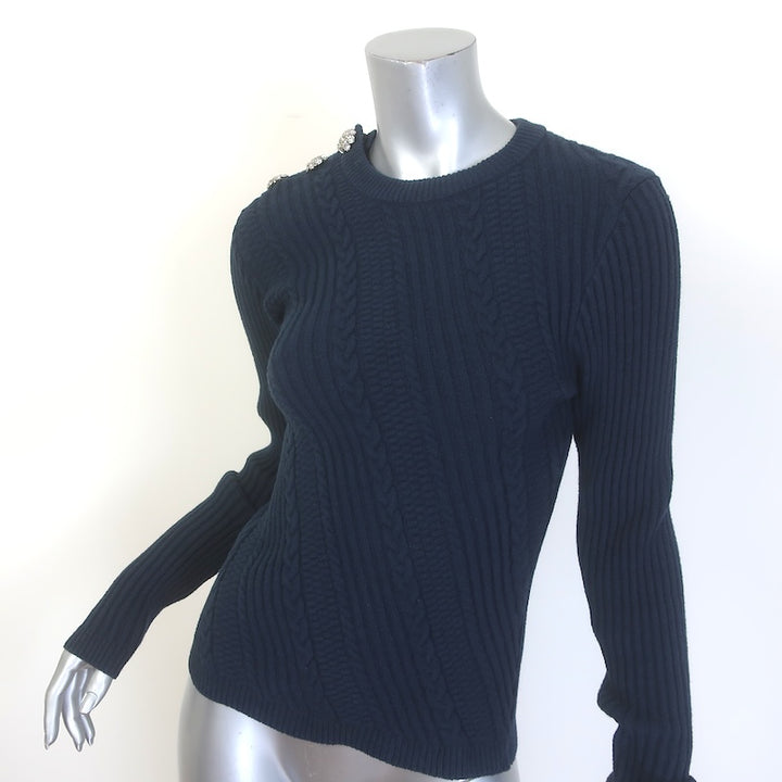 GANNI Crystal-Button Cable Knit Sweater Navy Stretch Cotton Size Small