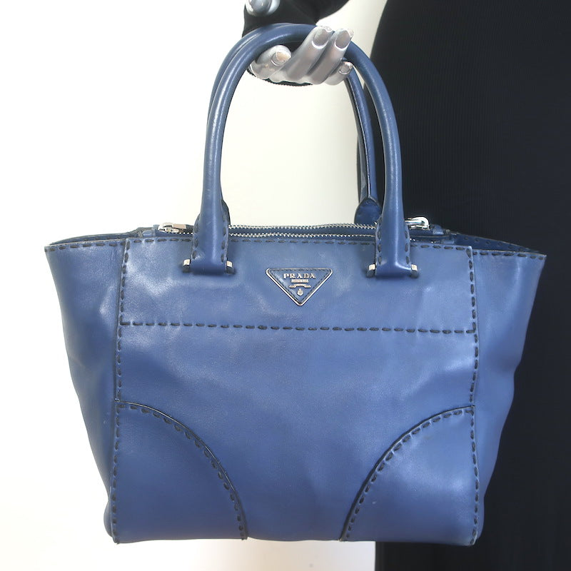 Prada City Calf Stitched Twin Pocket Tote Navy Leather Crossbody Bag