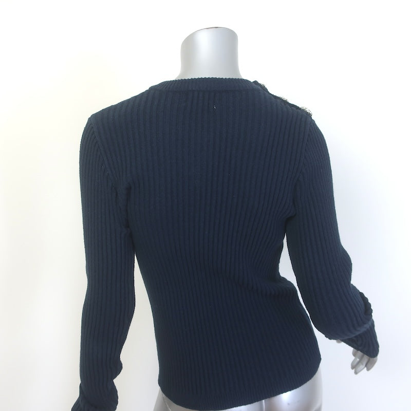 GANNI Crystal-Button Cable Knit Sweater Navy Stretch Cotton Size Small