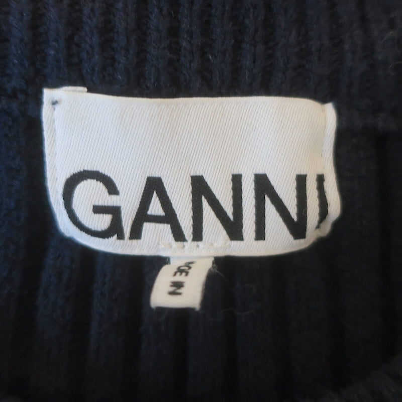 GANNI Crystal-Button Cable Knit Sweater Navy Stretch Cotton Size Small