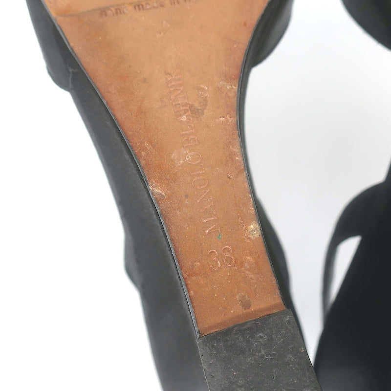 Manolo Blahnik Crystal-Buckle Wedge Sandals Black Satin Size 38 Slingback Heels