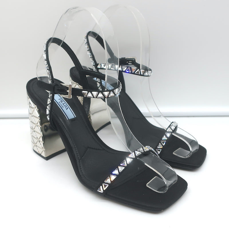 Prada Crystal-Embellished Sandals Black Satin Size 36.5 Ankle