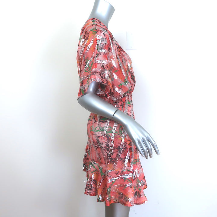 IRO Wobam Ruffled Asymmetric Mini Dress Salmon Metallic Snake Print Silk Size 34