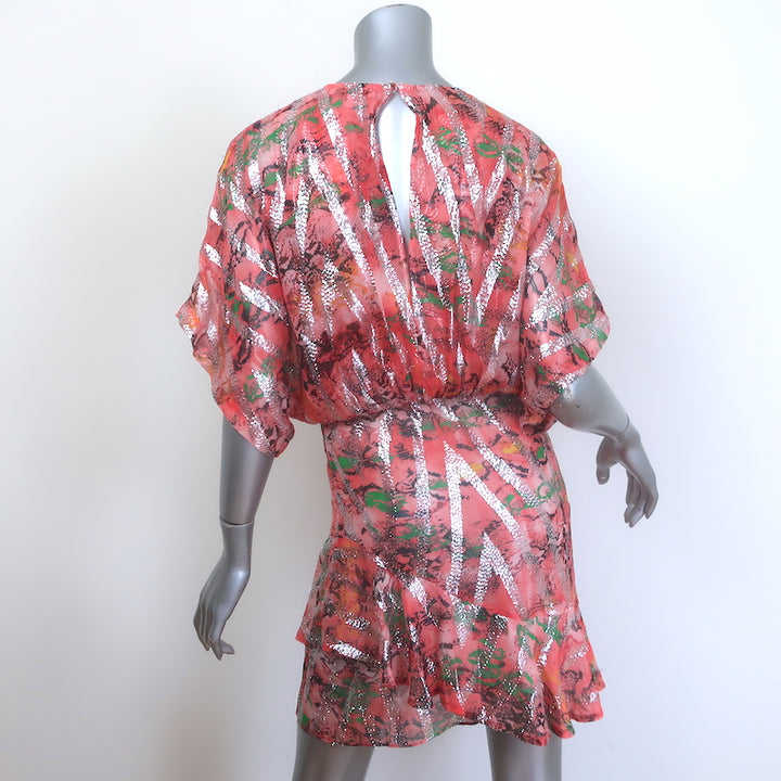 IRO Wobam Ruffled Asymmetric Mini Dress Salmon Metallic Snake Print Silk Size 34