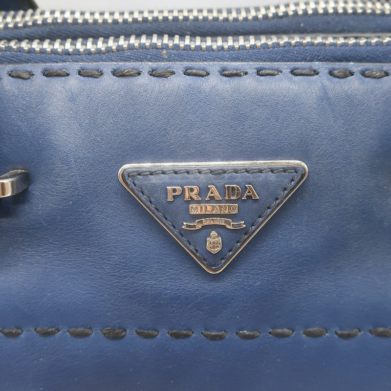 Prada City Calf Stitched Twin Pocket Tote Navy Leather Crossbody Bag