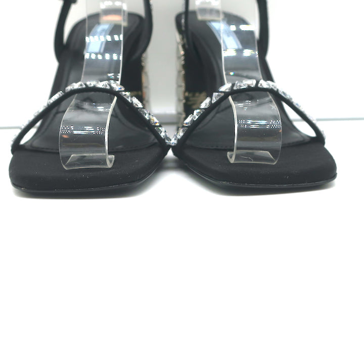 Prada Crystal-Embellished Sandals Black Satin Size 36.5 Ankle Strap Heels NEW