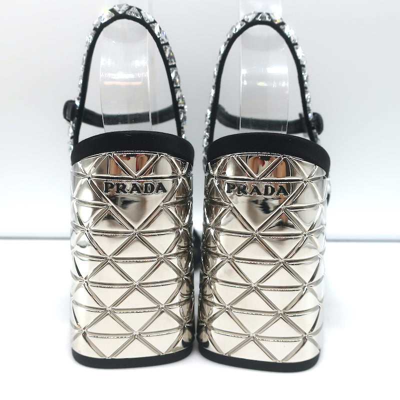Prada Crystal-Embellished Sandals Black Satin Size 36.5 Ankle Strap Heels NEW