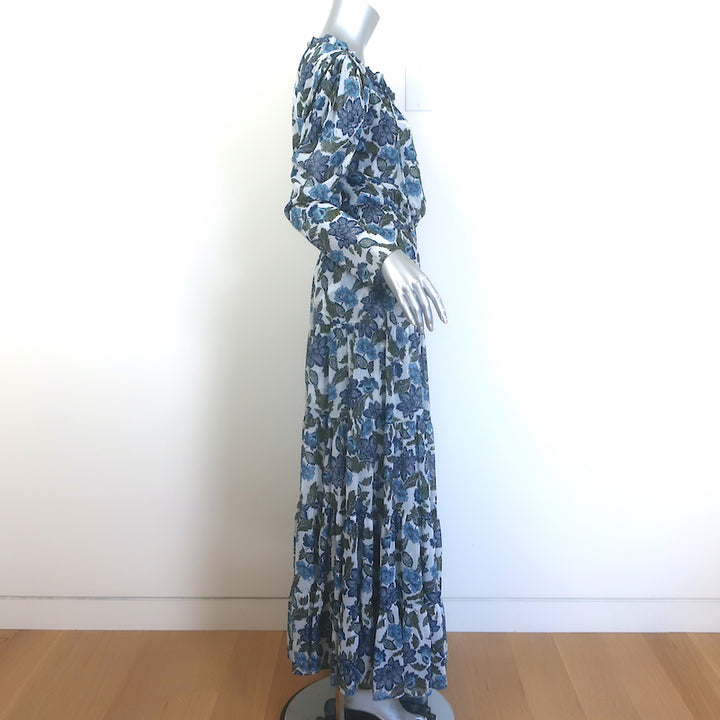 MISA Vida Tiered Maxi Dress Blue Metallic Floral Print Crepe Size Small