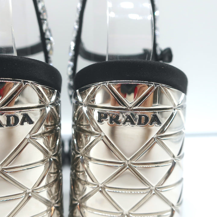 Prada Crystal-Embellished Sandals Black Satin Size 36.5 Ankle Strap Heels NEW